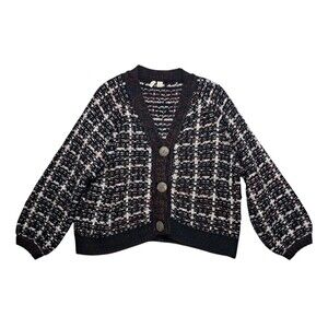 Anthropologie Moth Sweater Cardigan Women's Large Black Red Check Drop Shoulders